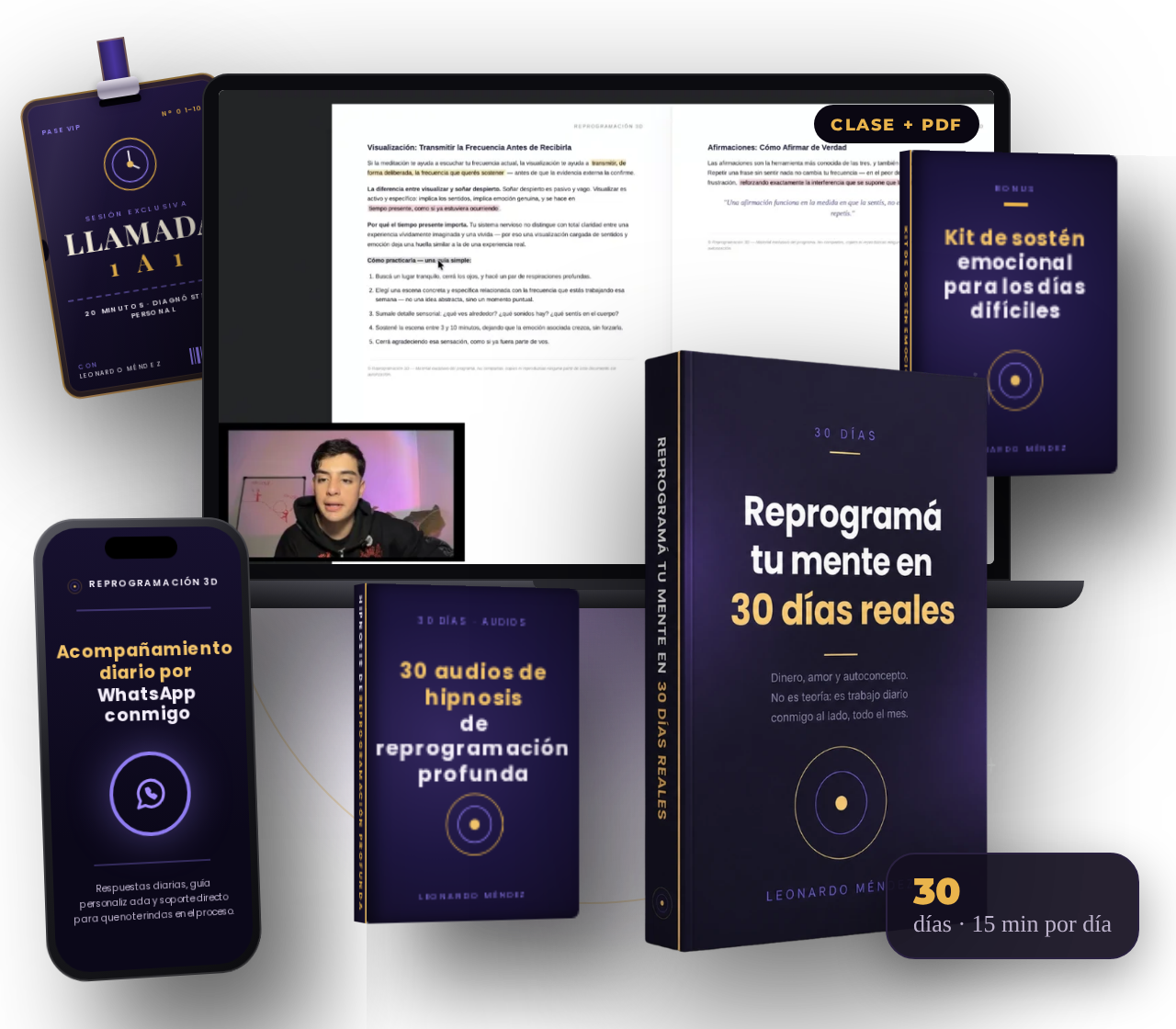 Reprogramación 3D: workbook, clases, audios de hipnosis, WhatsApp, kit y llamada 1 a 1